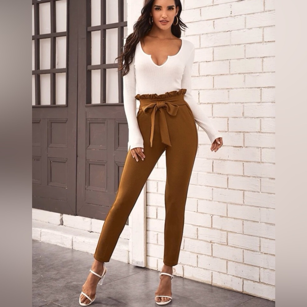 Belted Paperbag Waist Skinny Pants